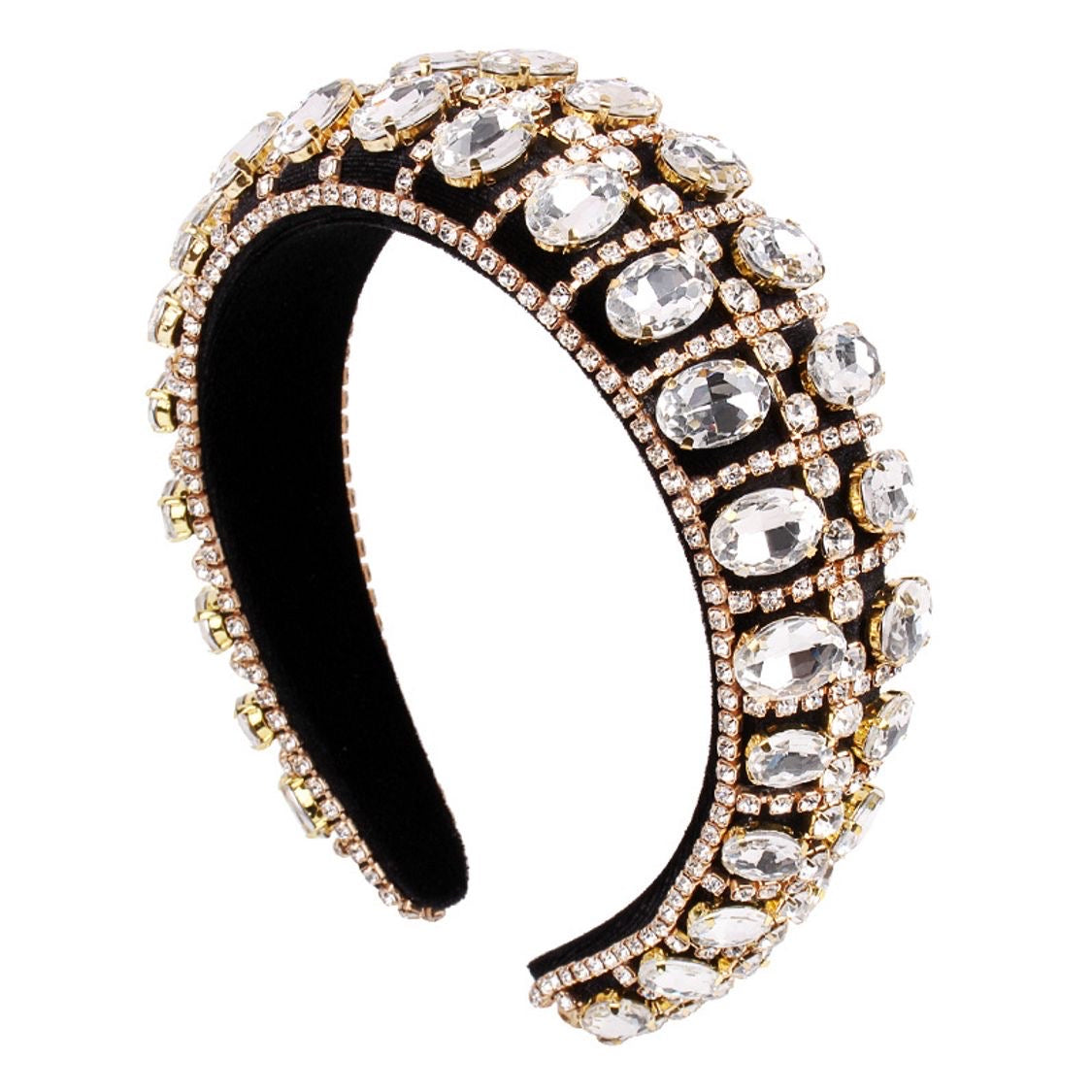 Diadema negra ancha  con piedras blancas
